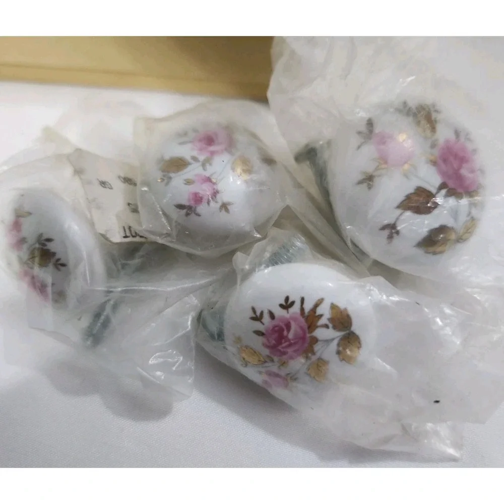 Vintage Ceramic Drawer Knob Gold Leafs With Pink Roses